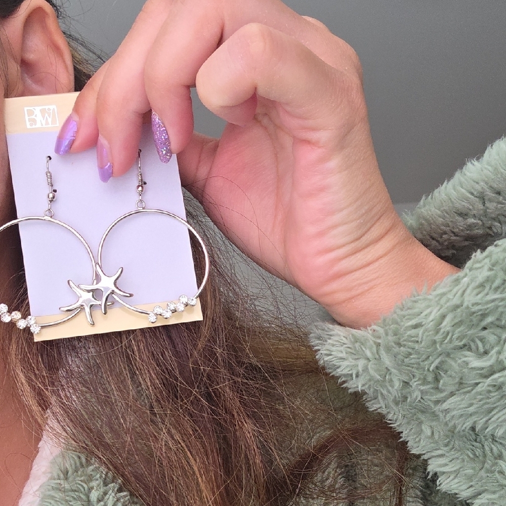 Silver Starfish Hoop Earrings - Picture 3 of 3